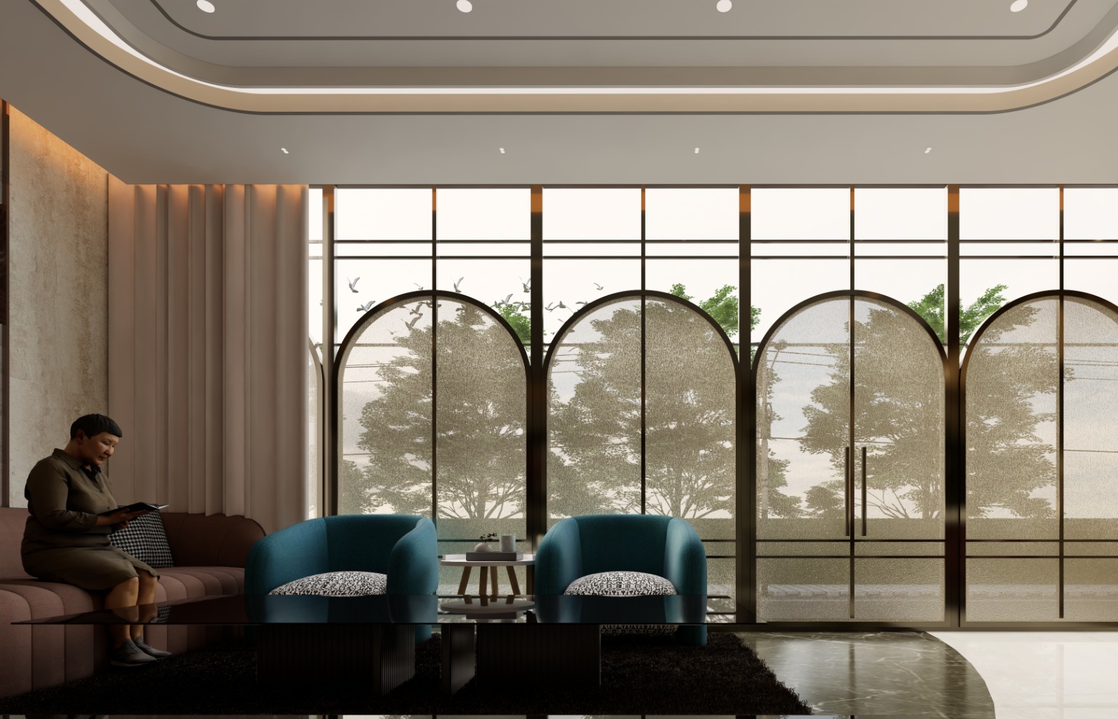 Lobby lounge area with grand arched windows and natural light