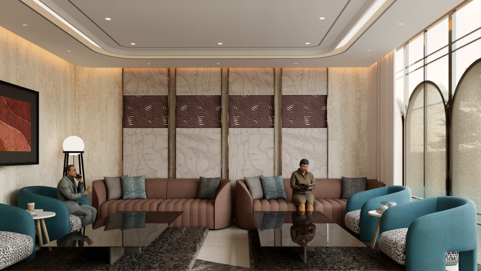 Lobby seating with textured wall panels and ambient lighting