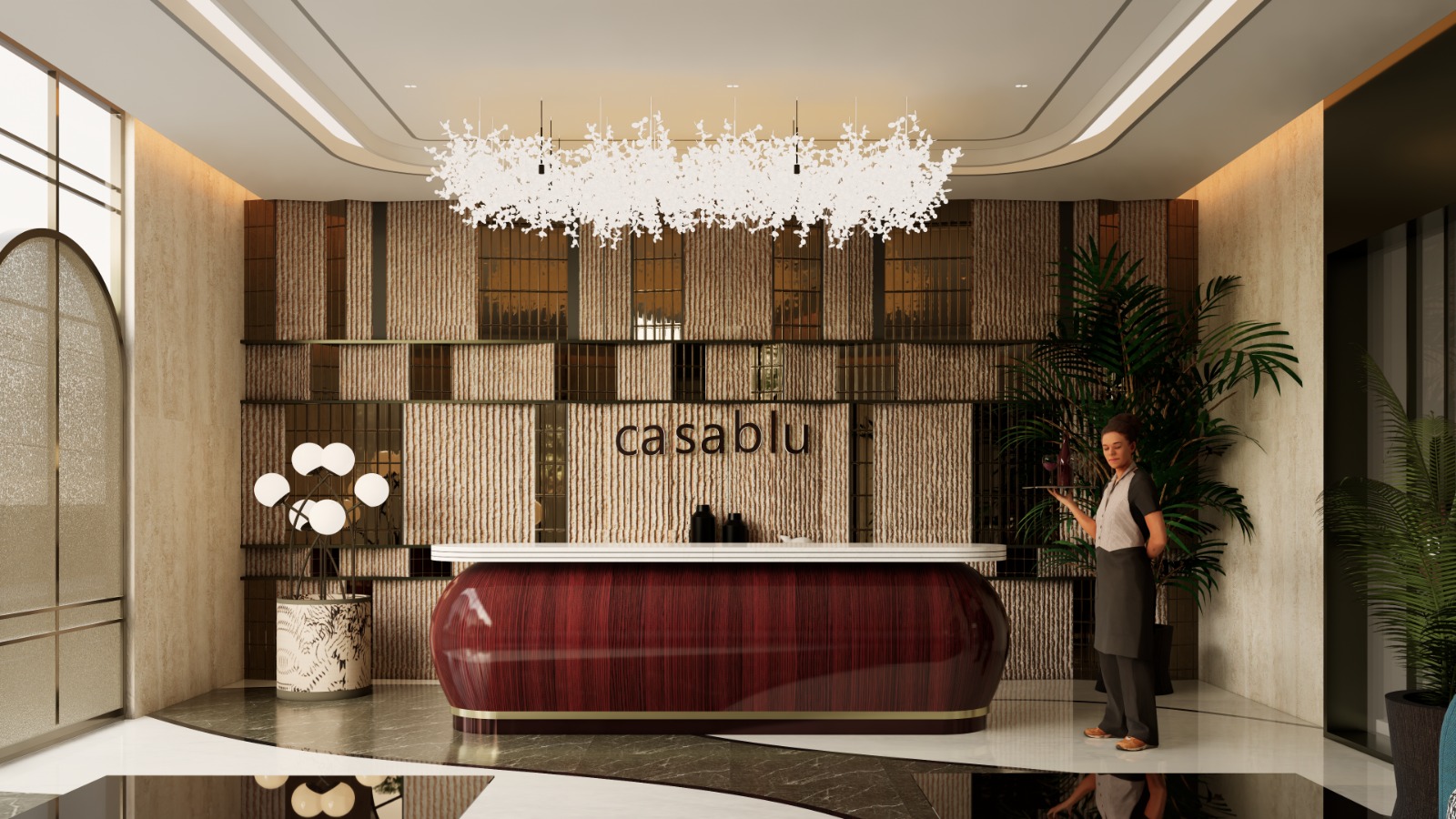 Hotel Vedantra reception desk with crystal chandelier