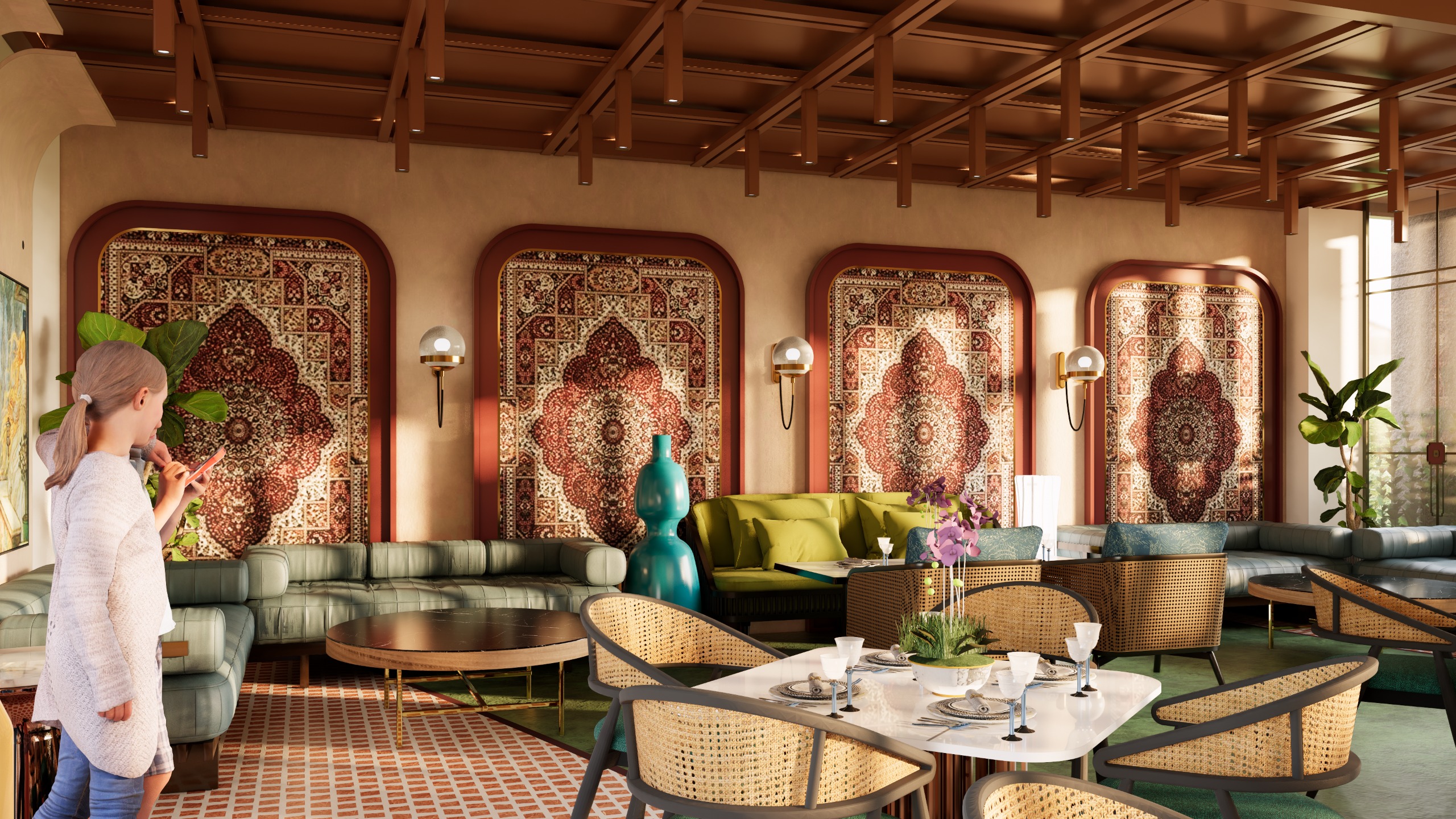 Fine dining restaurant at Hotel Vedantra with ornate Persian-inspired decor