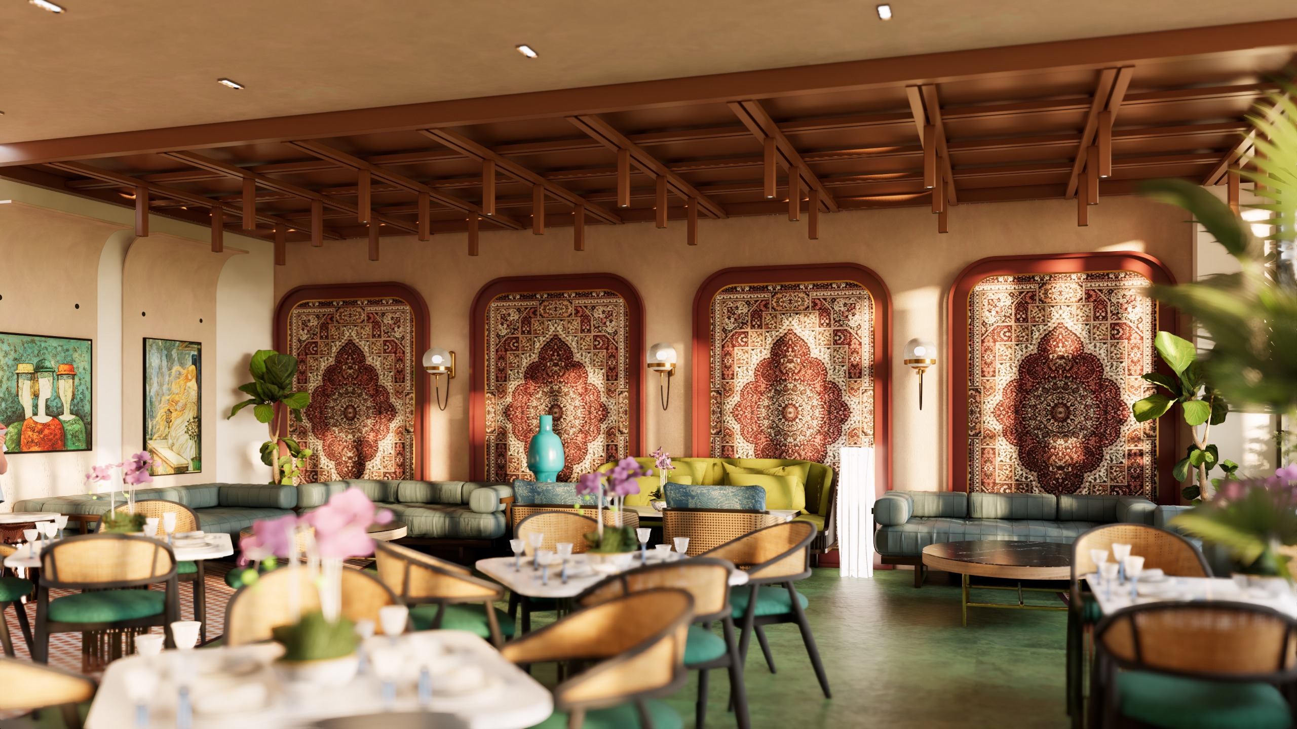 Restaurant lounge area with comfortable seating and floral decor