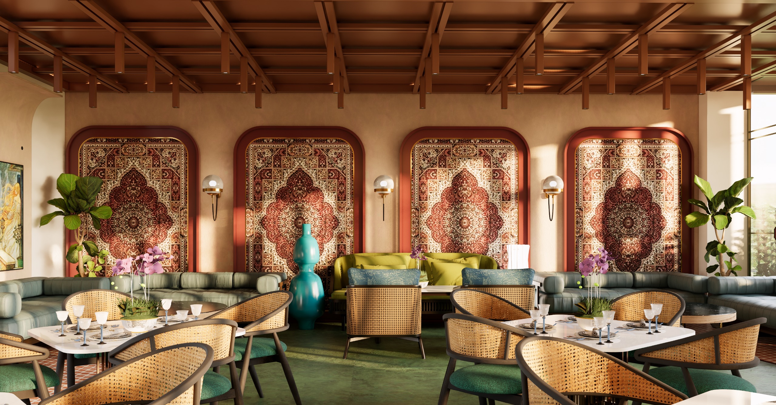 Restaurant interior with artisan tapestries and ambient lighting